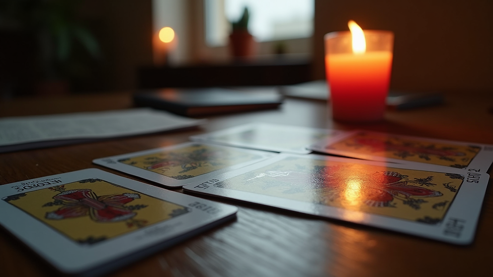 Vue rapprochée d’un bureau avec des cartes de tarot et une bougie allumée