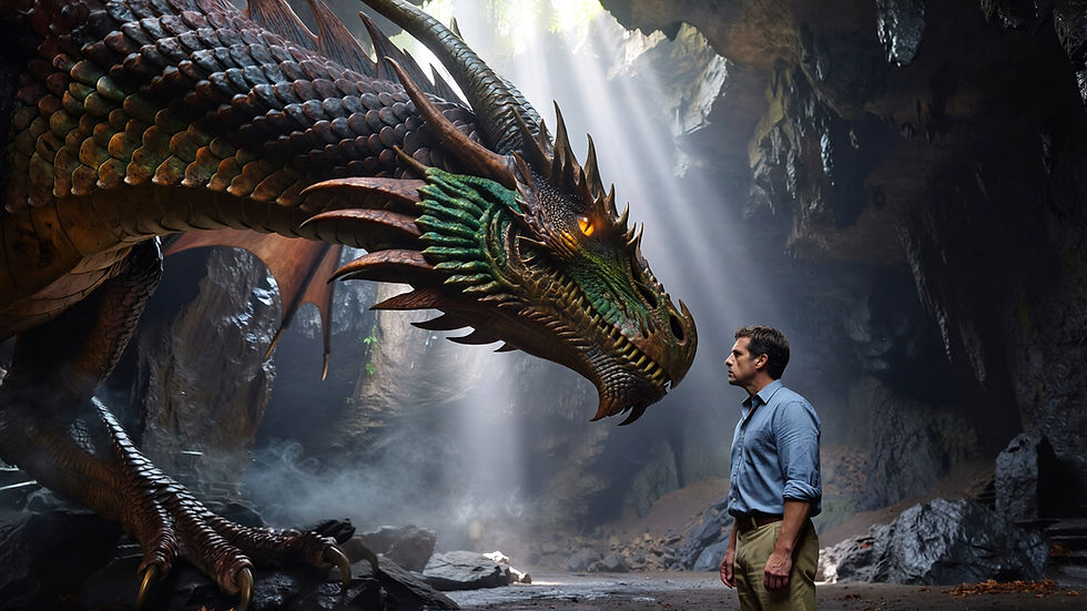 A man facing a massive dragon in a cave with light beams
