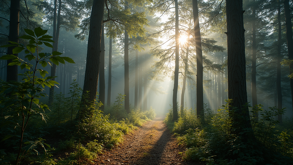 Wide angle view of a serene forest landscape