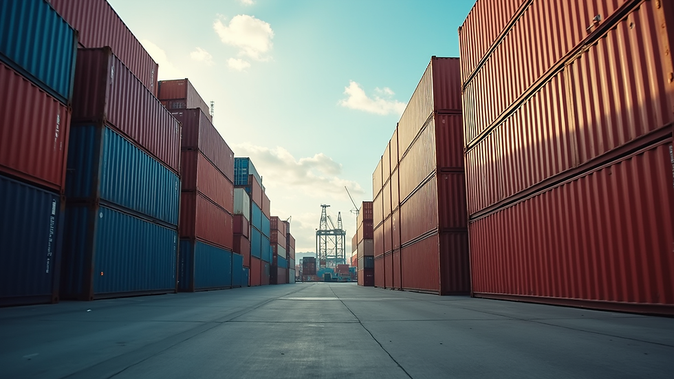 Eye-level view of a busy shipping port with containers stacked high