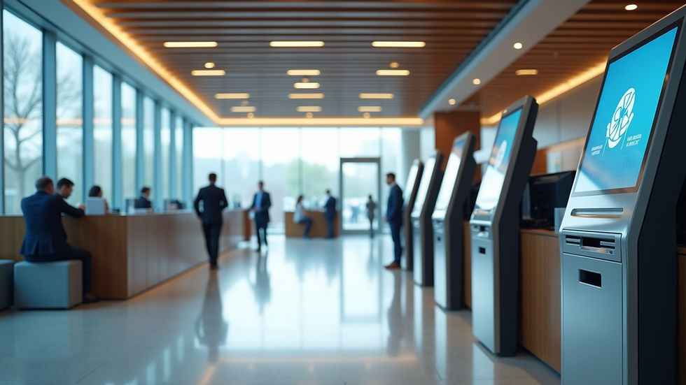 Eye-level view of a modern bank branch interior with digital kiosks