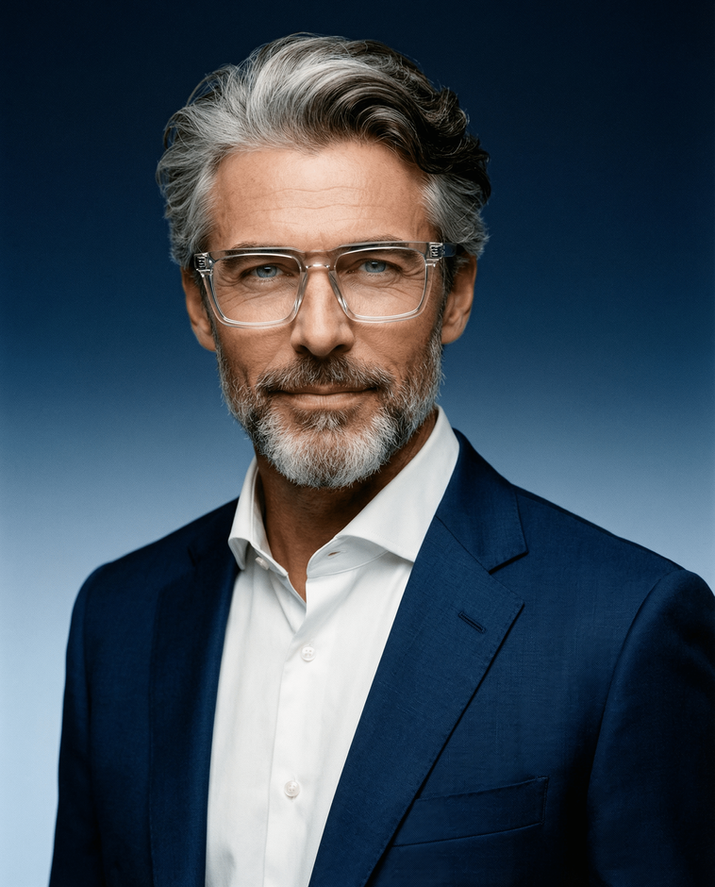 Grey-haired man with a beard wearing clear angular eyeglasses against a dark blue background.
