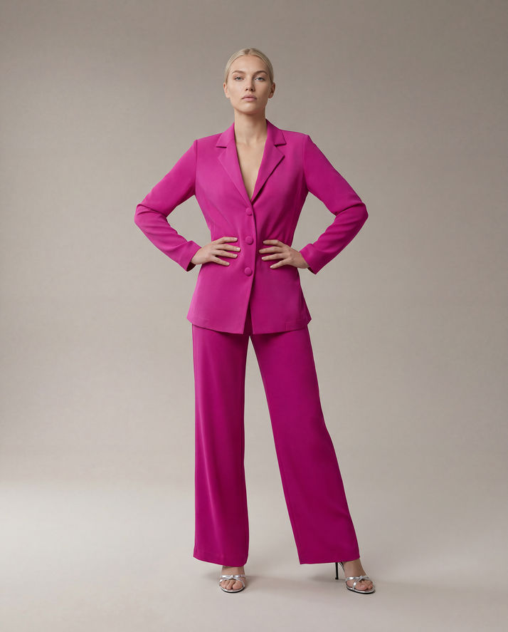 Full-length studio image of a woman in a bright pink trouser suit, standing with her hands on her hips.