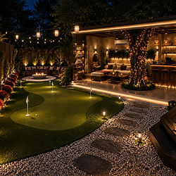 RCR Campsite golf area and garden at night