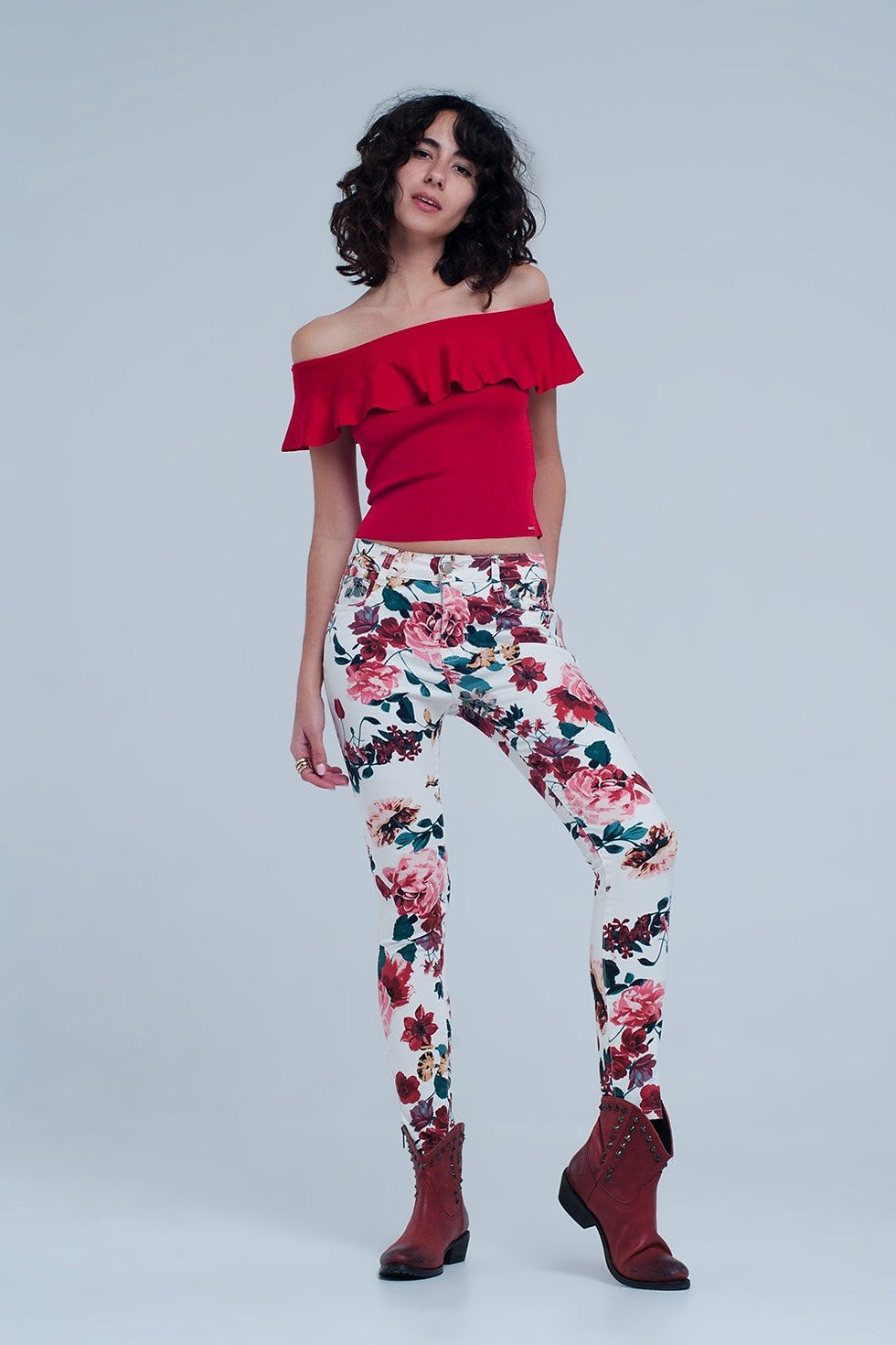 Thumbnail: White Jeans With Roses Print