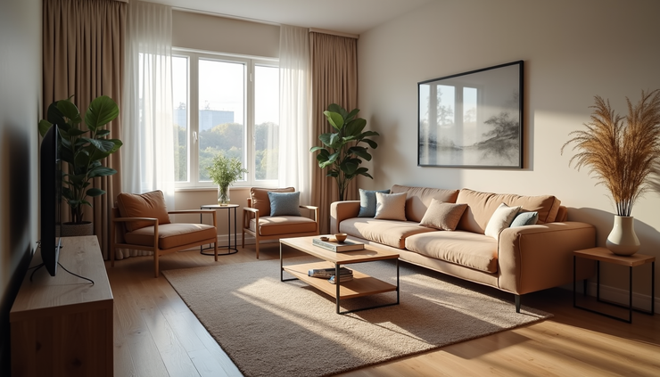 High angle view of a cozy living room in a Mississauga Airbnb property