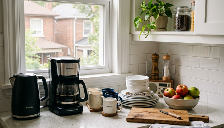 Eye-level view of a compact apartment kitchen with a coffee maker, kettle, clean dishes, and a small bowl of fruit