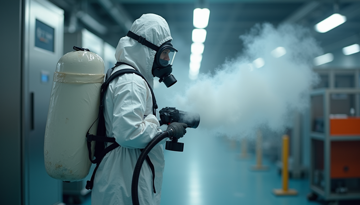 Plano detalle de un técnico aplicando fumigación en una zona industrial con equipo especializado