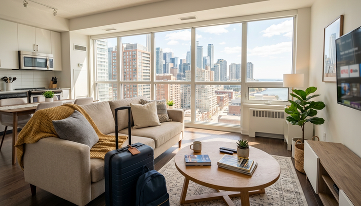 Wide-angle view of a bright Toronto apartment living room with a sofa, luggage, and a window facing city buildings