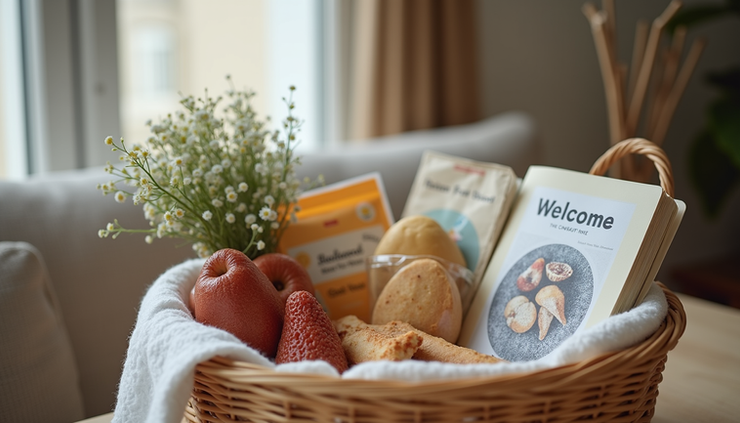 Close-up view of a well-prepared Airbnb welcome basket with snacks and local guidebook