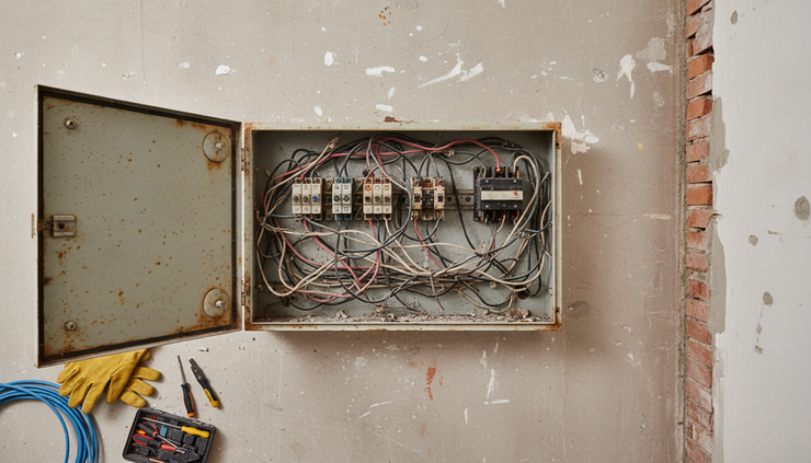 Vista cenital de un cuadro eléctrico antiguo abierto en una vivienda en reforma