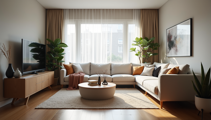 High angle view of a cozy Toronto Airbnb rental living room with modern decor
