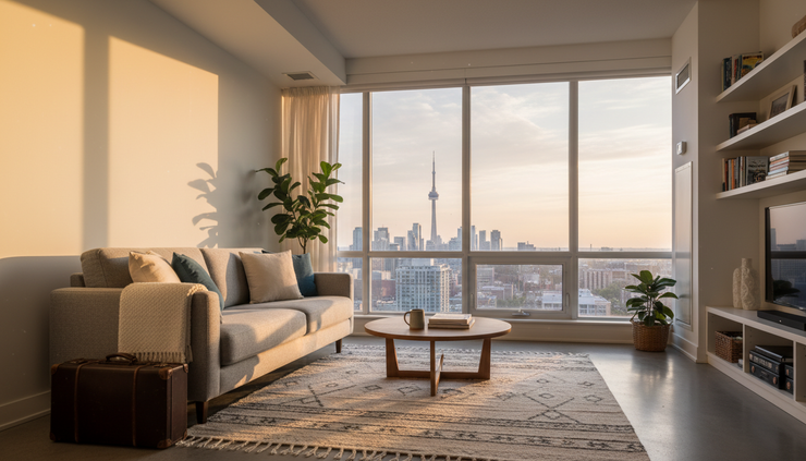 Wide-angle view of a bright Toronto condo living room prepared for arriving guests