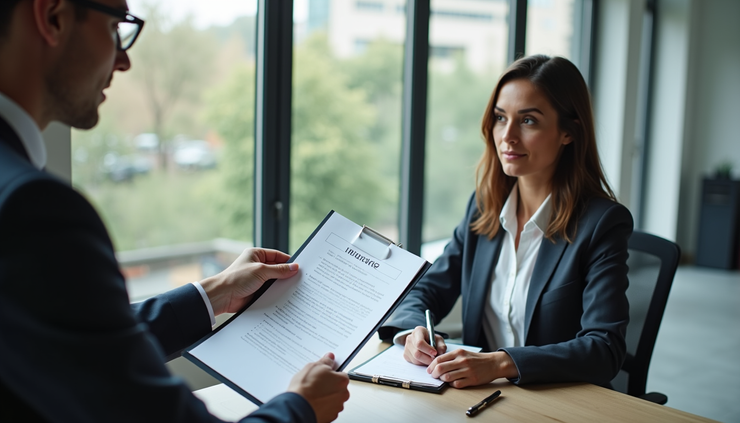 High angle view of a Toronto insurance consultant explaining policy details to a host