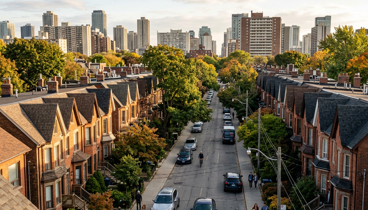 High-angle view of Toronto row houses and mid-rise apartment buildings in a residential neighbourhood.