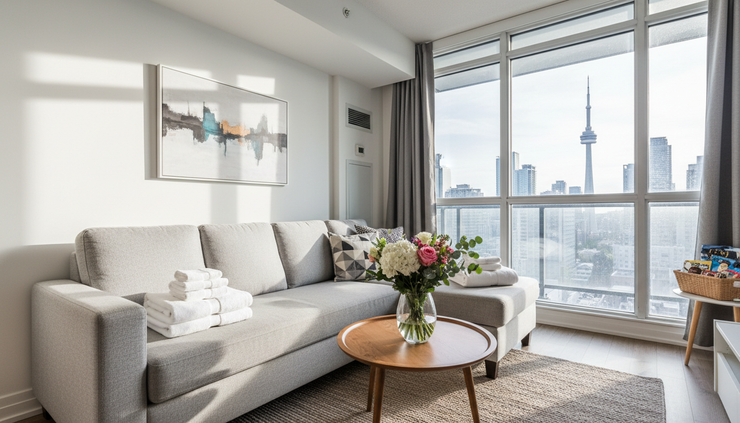 Wide-angle view of a bright Toronto condo living room prepared for short-term guests