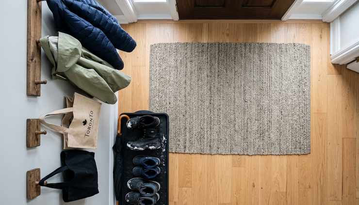 Overhead view of a Toronto apartment entryway with a boot tray, umbrella, coat hooks, and reusable shopping bags