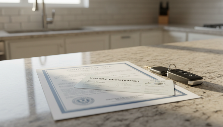 Close-up view of vehicle documents arranged beside car keys on a kitchen counter