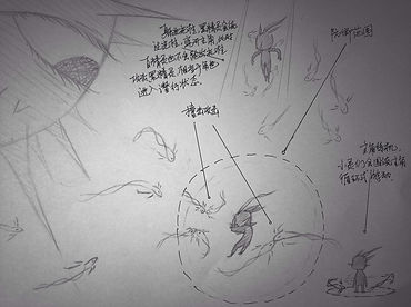 A draft of the imagined combat scene for Newborn, drawn by Ruixin (River) Wu