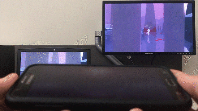 A GIF demonstrating the smooth transition from a real-time third-person camera to cut-scene camera with predefined track.