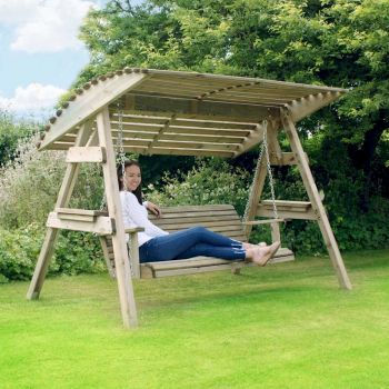 Women relaxing on a garden swing seat