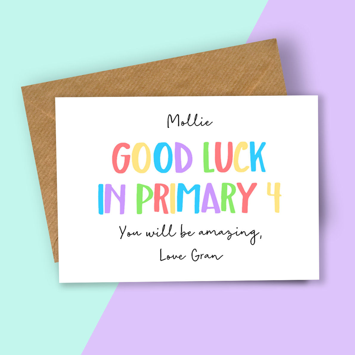 Personalised Rainbow Letters Good Luck in Primary Card