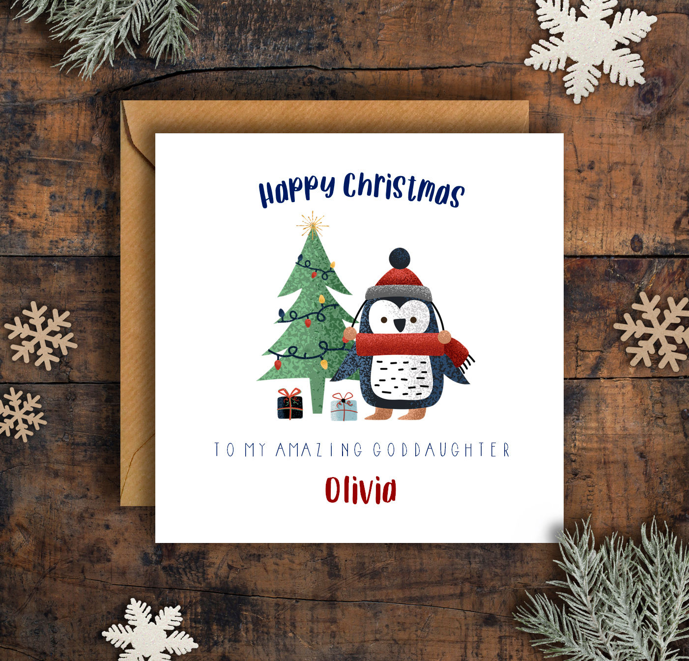 Personalised Penguin Happy Christmas Goddaughter Card