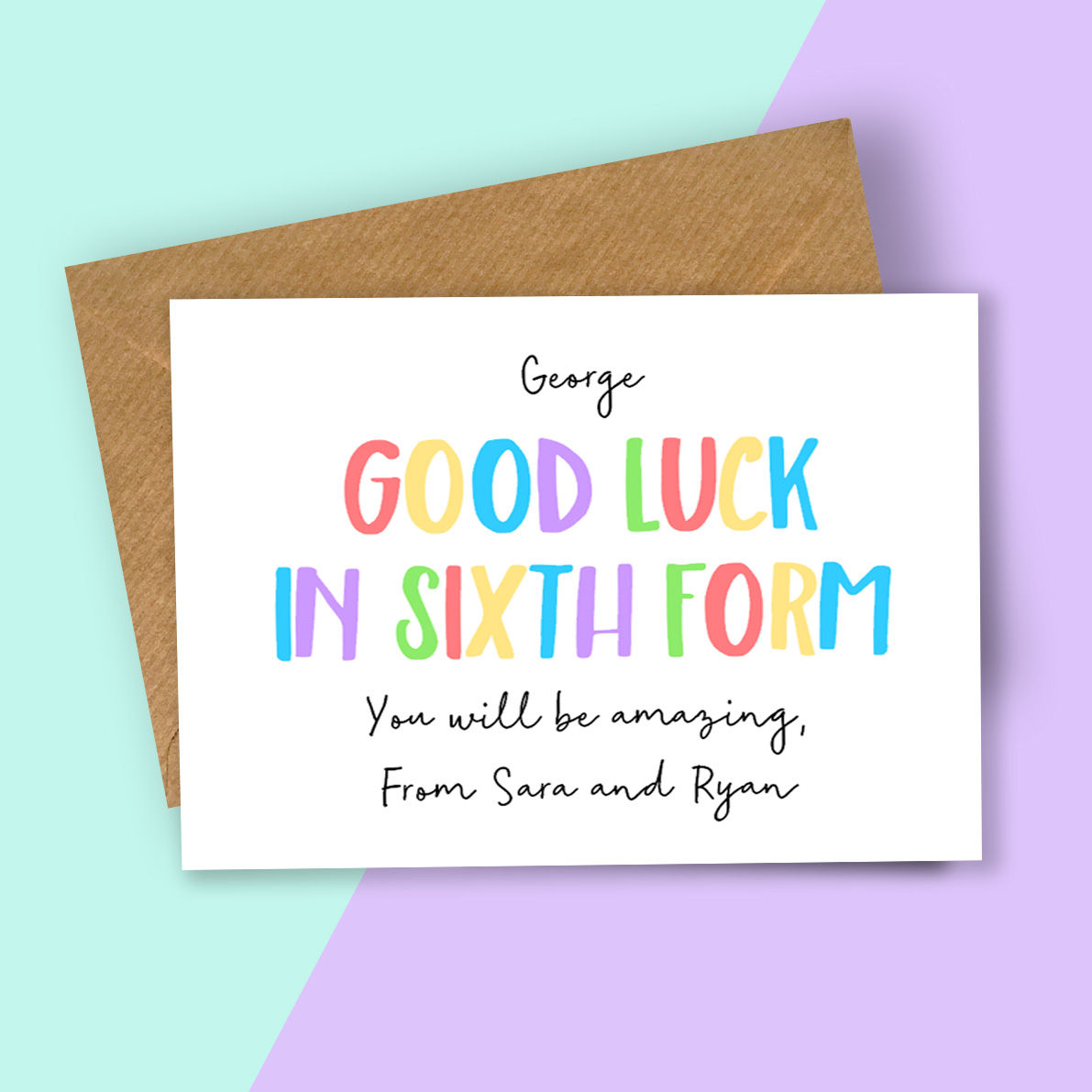 Personalised Rainbow Letters Good Luck in Sixth Form Card