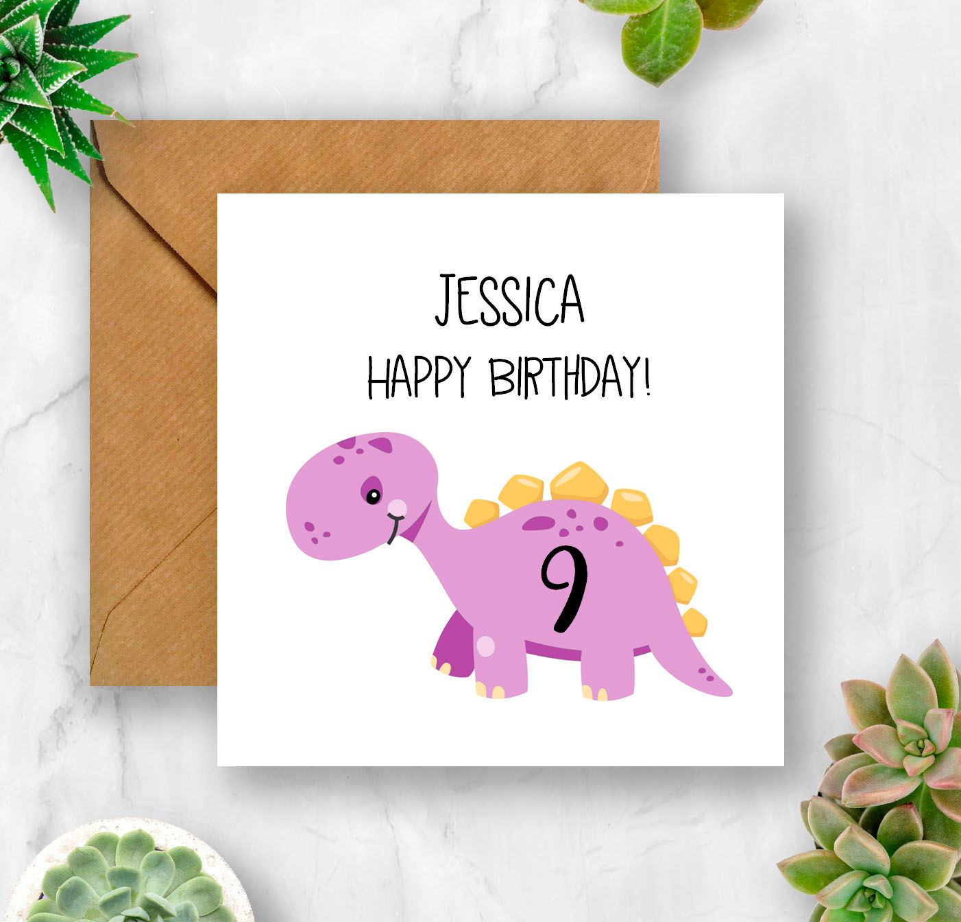 Personalised Dinosaur Birthday Number Card (Purple)
