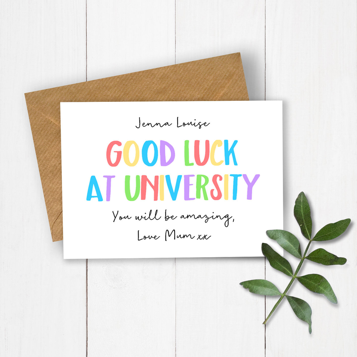 Personalised Rainbow Letters Good Luck at University Card