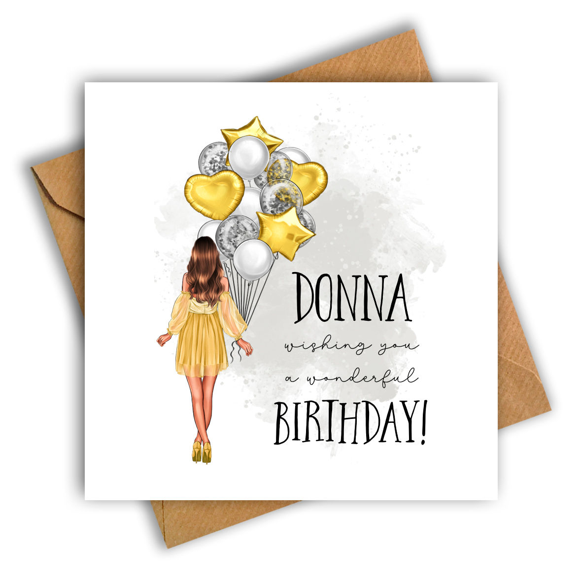 Woman and Balloons Birthday Card (Gold)
