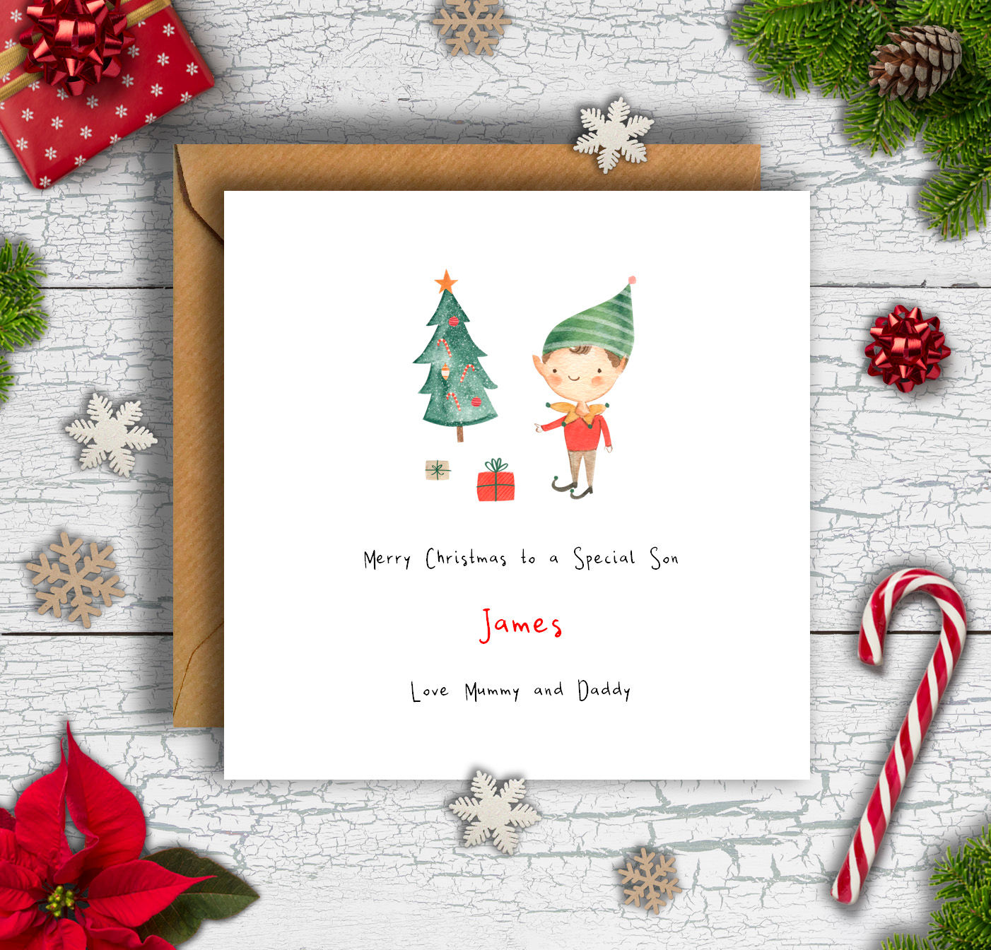 Personalised Son Elf & Tree Christmas Card