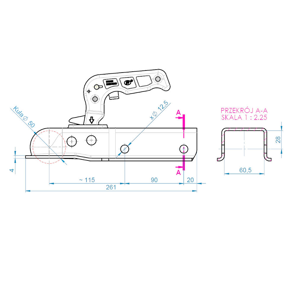 Miniatură: Cupla remorca 1700 kg profil bara patrata 60,50mm SPP