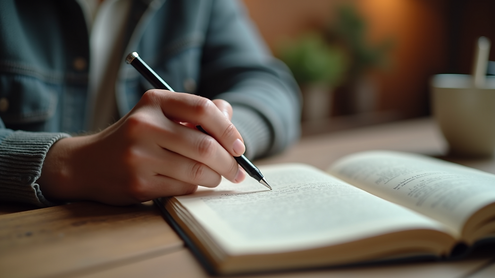 Close-up view of a person writing in a journal, reflecting on their spiritual journey