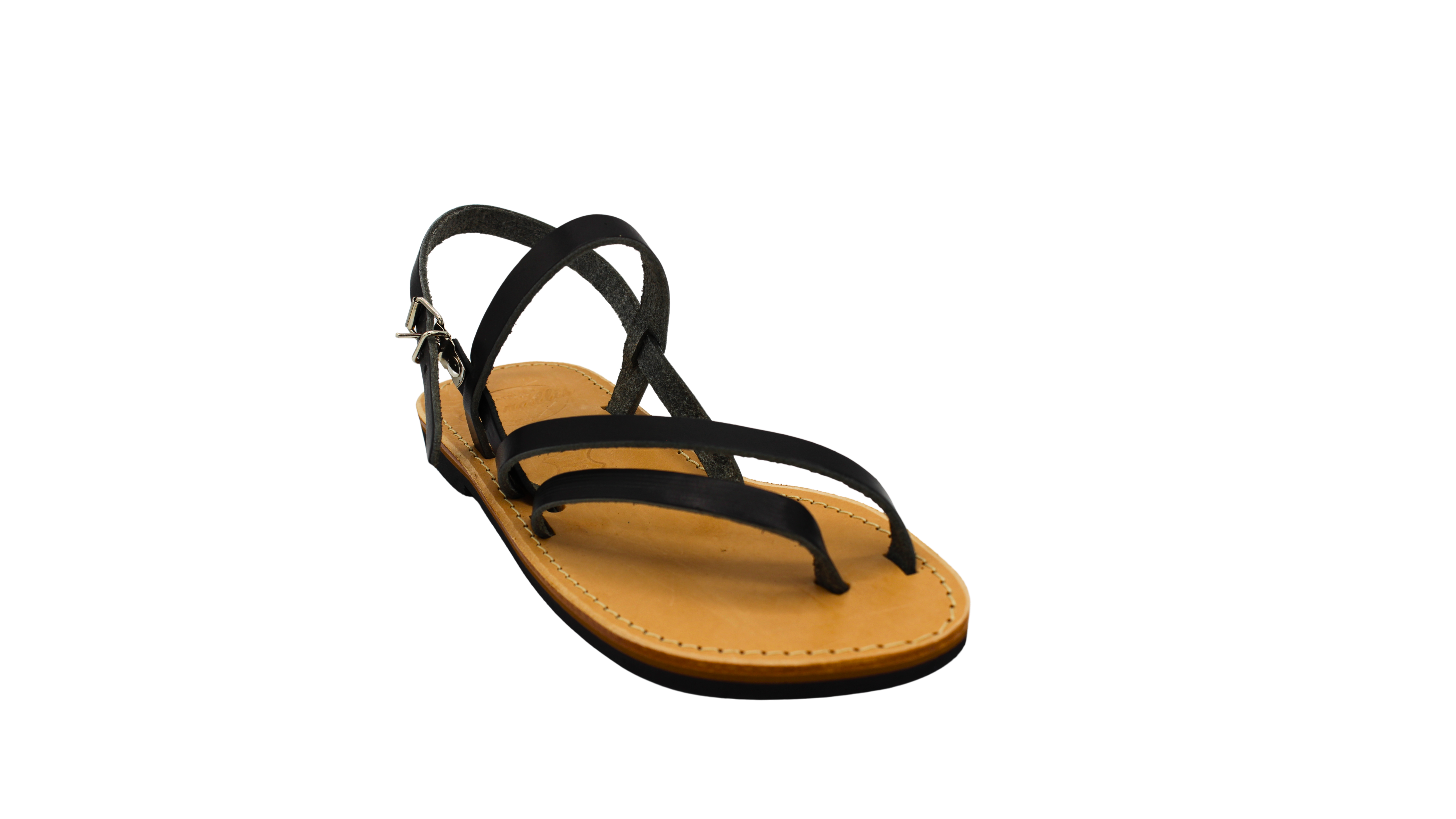 sandales artisanales noires Jeanne noires en cuir pour femme vue trois quart