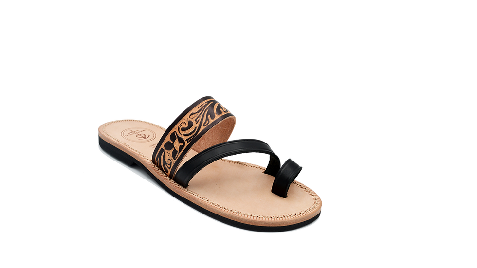 Miniature : sandales artisanale noires Lotus en cuir pour femme, fabriquées en France vue trois quart