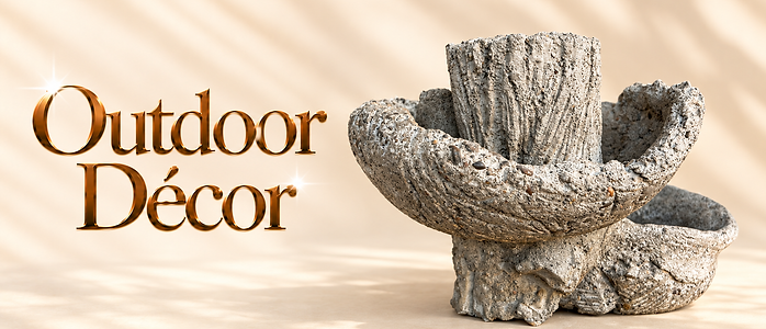 Outdoor Décor text next to a stone log-style planter