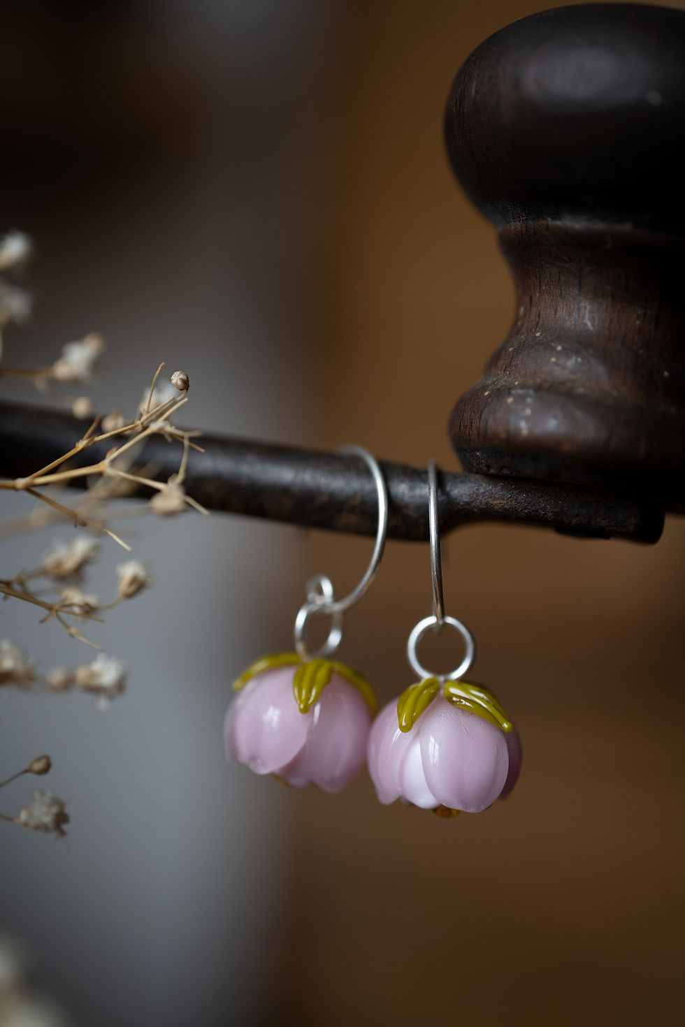 Miniature : boucles d'oreilles fleurs • rose • verre et argent