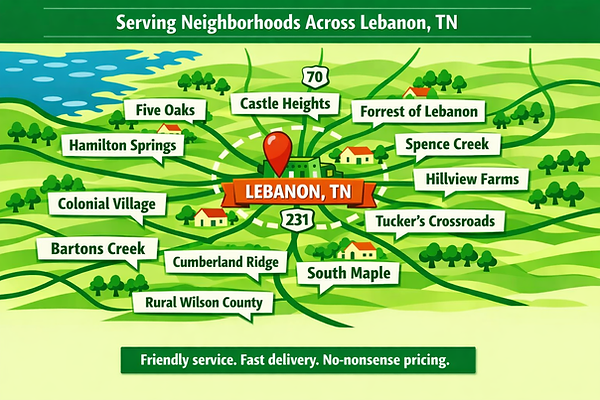 Map of Five Brothers Dumpsters service areas including Lebanon, Mt. Juliet, and Wilson County.