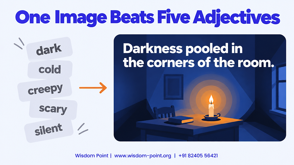 Wisdom Point descriptive writing example showing five weak adjectives replaced by one strong image, "darkness pooled in the corners of the room".