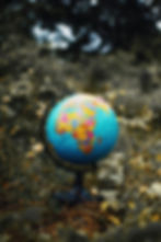 A world globe placed outdoors among grass and wild plants, showing continents and country borders.