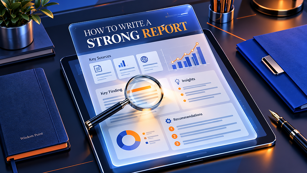 3D research desk with a digital report, data chart, sources, findings, and recommendations for a report writing guide.