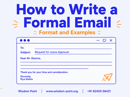 Wisdom Point flat vector featured image of a formal email window with a subject line and send arrow, titled how to write a formal email, format and examples.