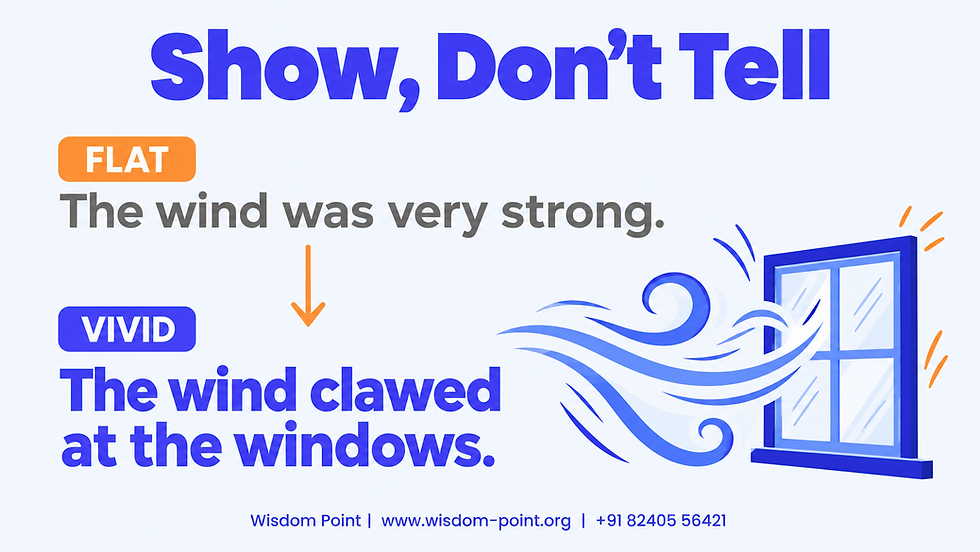 Wisdom Point figurative language example showing the flat sentence "the wind was very strong" rewritten as the vivid "the wind clawed at the windows" using personification
