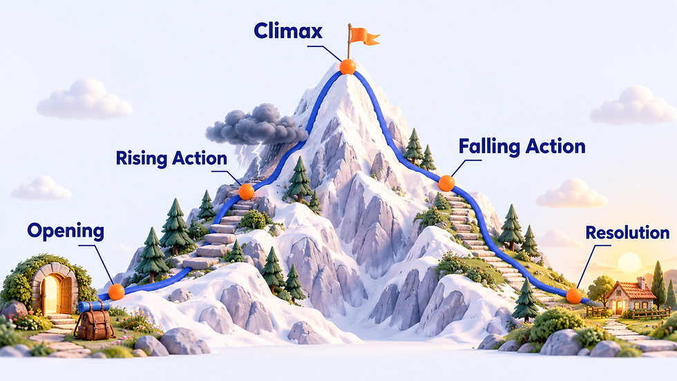 Wisdom Point story mountain diagram showing the five parts of narrative writing structure