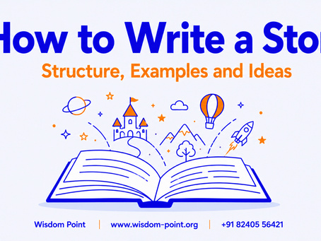 Wisdom Point flat vector featured image of an open book with shapes rising from the pages, titled how to write a story, structure, examples and ideas.