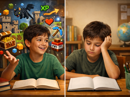 A realistic image of a Grade 5 child confidently explaining a video game with clear logic while struggling to write a paragraph in a notebook, showing the gap between spoken thinking and written structure.
