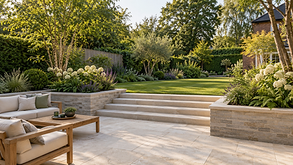 Garden design and Landscaping Chigwell showing a pale paved terrace, broad steps, stone-clad raised planting beds and a lawn.
