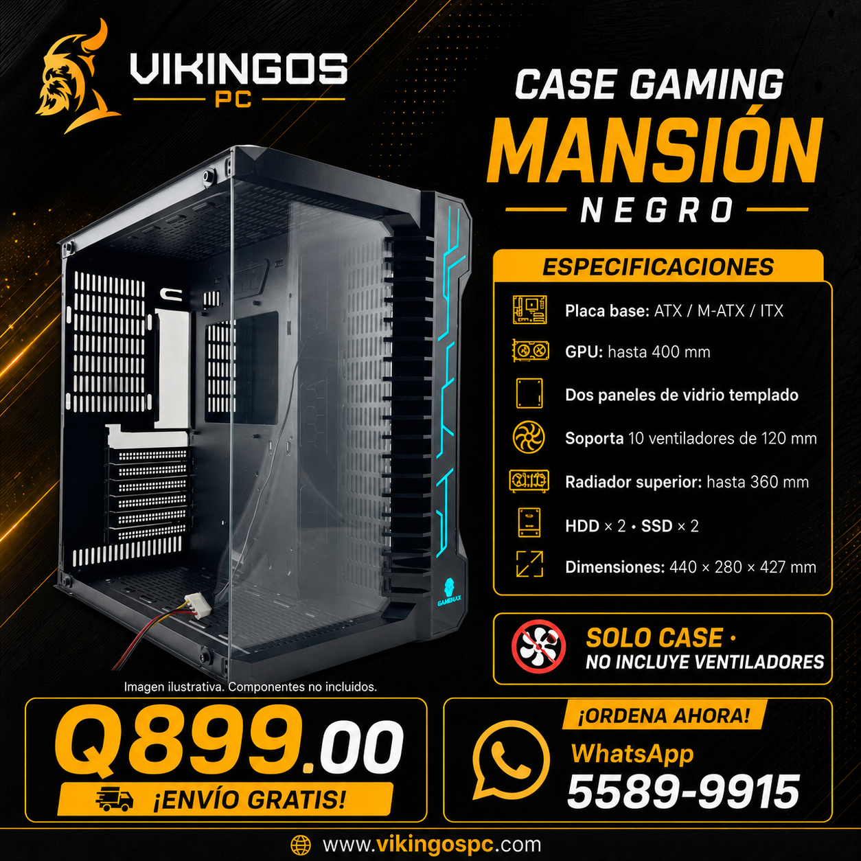 Case PC "Mansión" , Negro , Diseño sin fronteras, vidrio templado