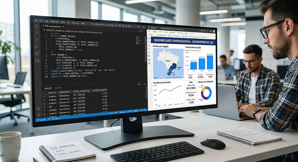 Em escritório, homem usa laptop enquanto monitor mostra código SQL e dashboard de vendas; mesa com teclado e caderno.